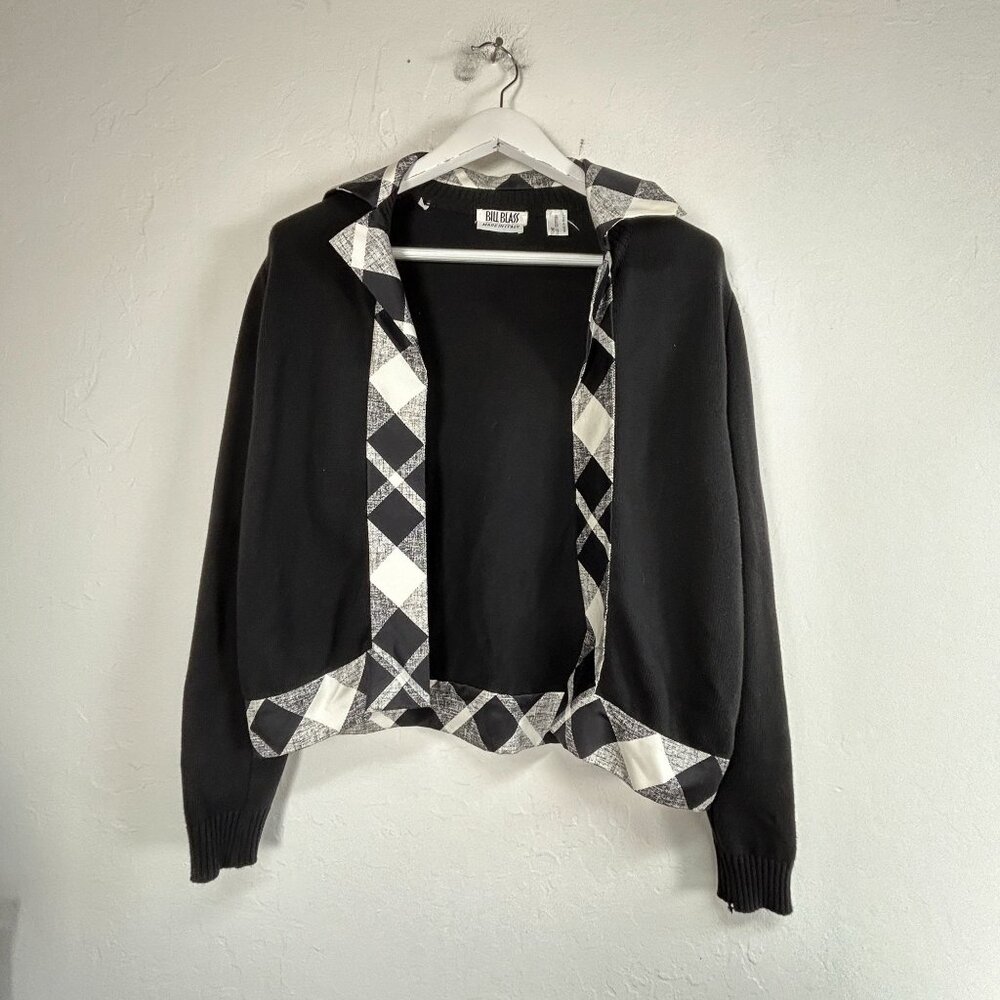Bill Blass Womens Black White Diamond Check Cropped Knit Cardigan Sweater Small